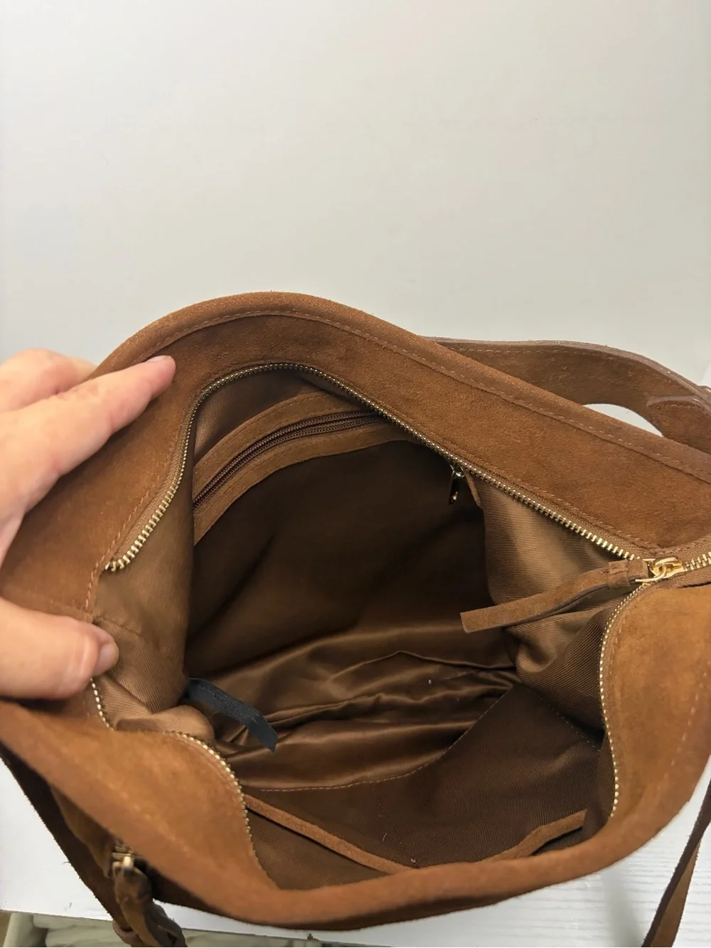 Cognac Brown Suede Leather Bohemian Hobo Crossbody Multi Gold Zipper Purse Bag